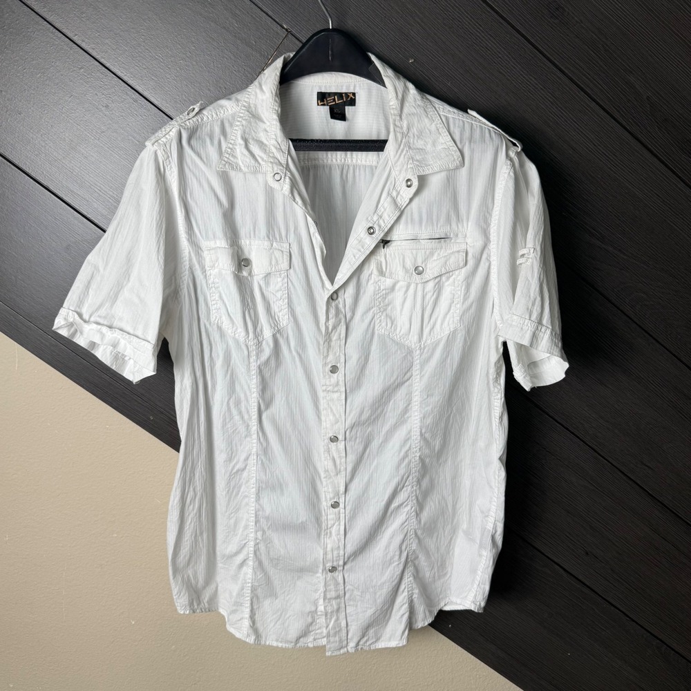 Helix Men's Short Sleeve Snap Front Utility Shirt White XL Cotton Casual